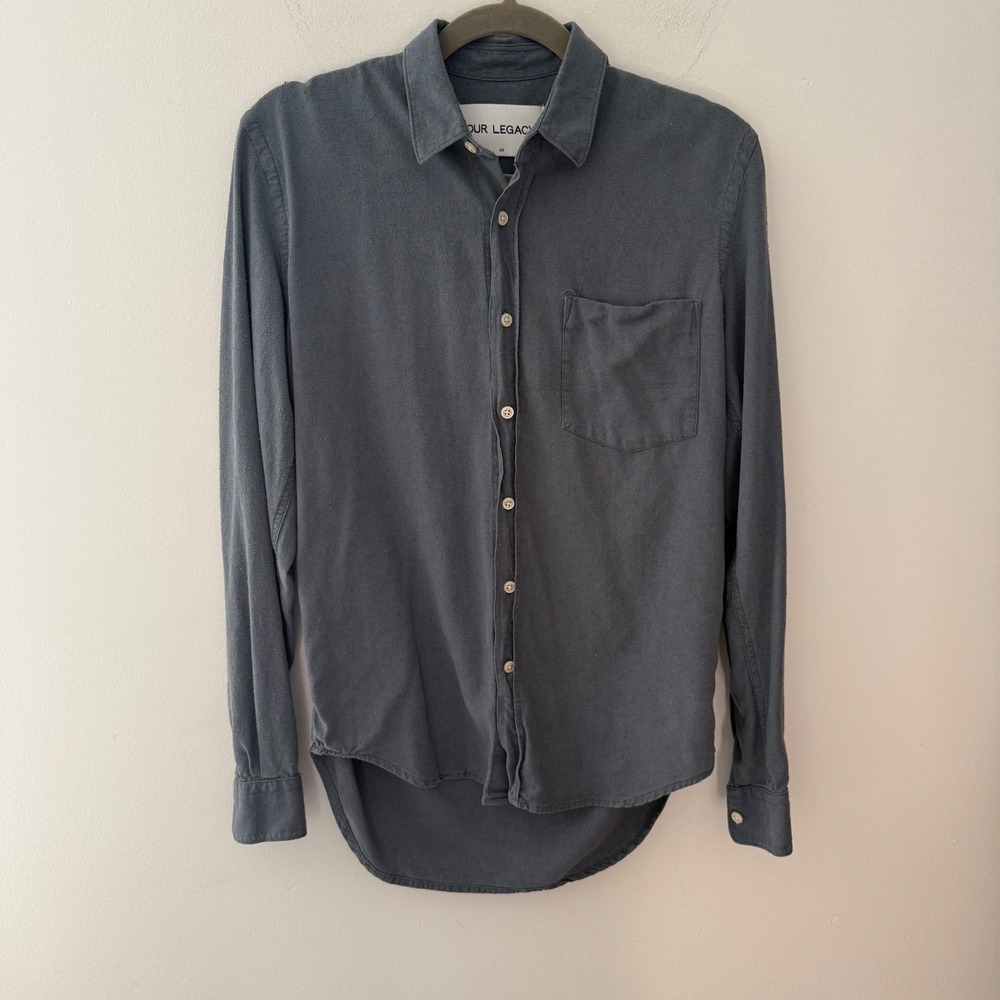 Our Legacy 100% raw Silk Button Down Shirt Mens 44 blueish Grey AW15 Long Sleeve